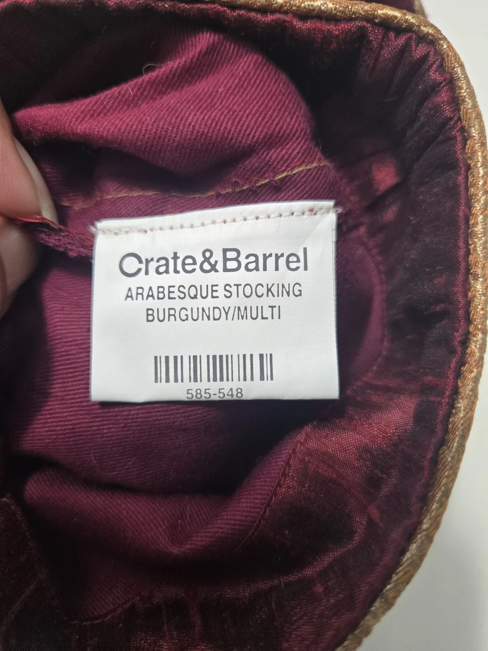 Crate & Barrel Velvet Stocking in Burgundy with Embroidered Cuff